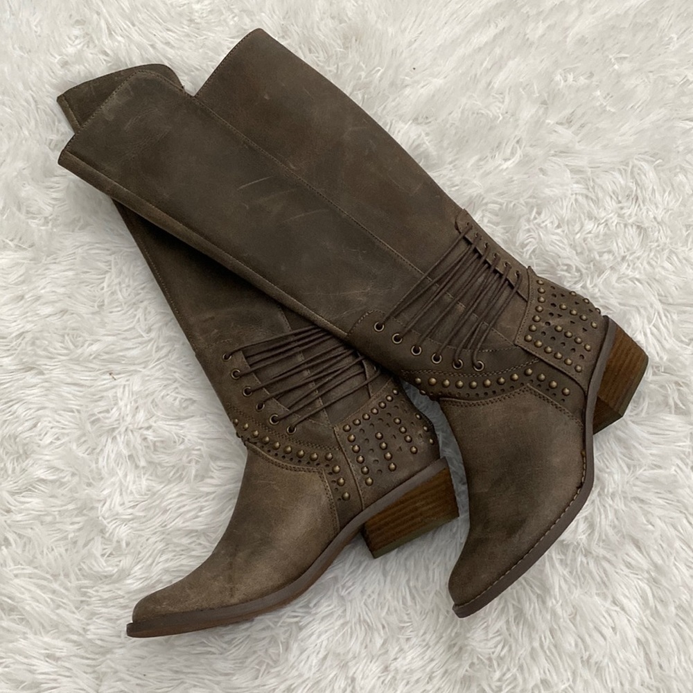 Not Rated weathered brown grommet & stitched riding boot